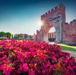 Arco romano con fiori rosa in primo piano, cielo sereno.